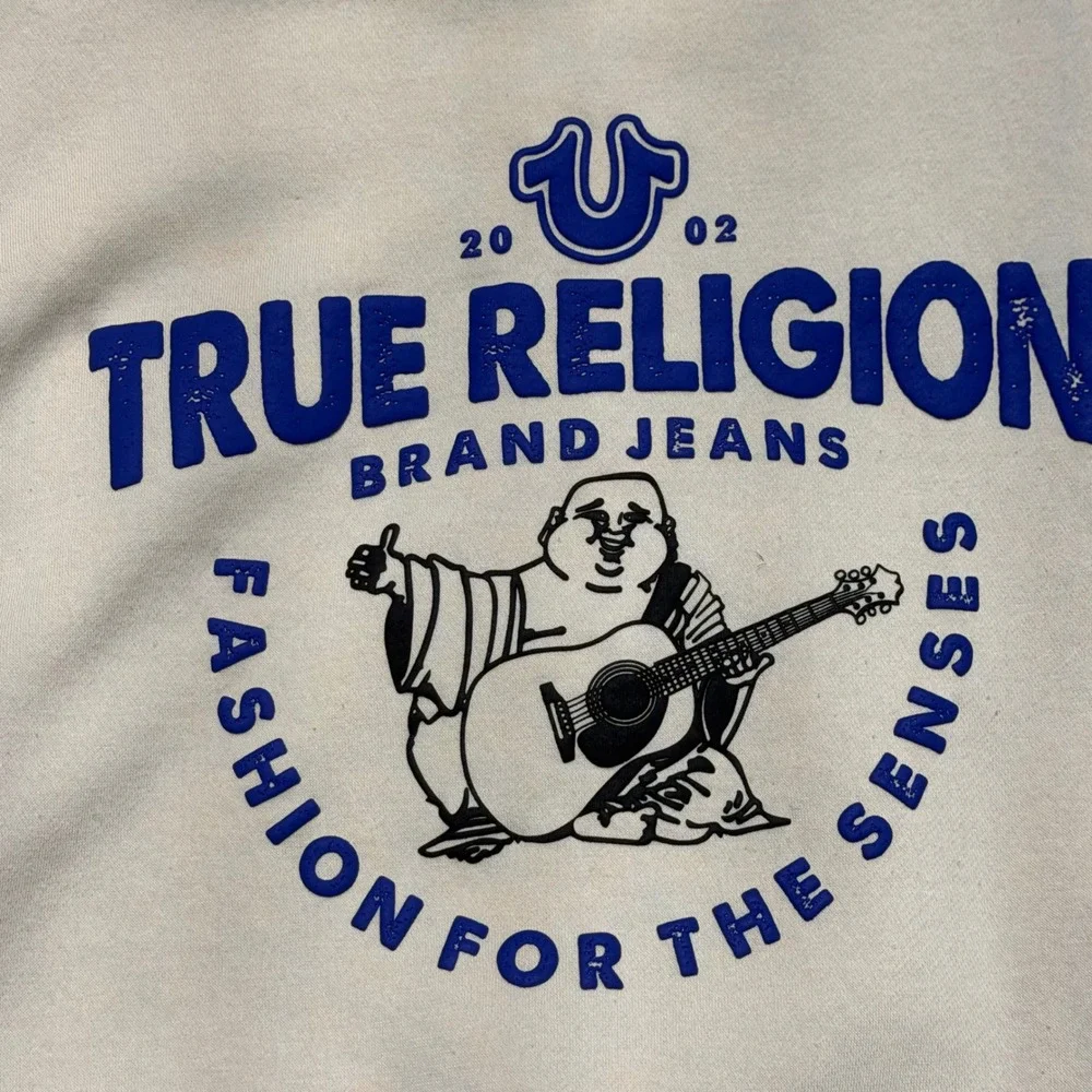 True Religion Mens Cream Full Zip Horseshoe Logo Fleece Hoodie Size Large L